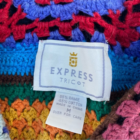 Vtg Express Tricot Sweater cardigan Multicolor Granny Square Crochet Medium - Picture 4 of 10